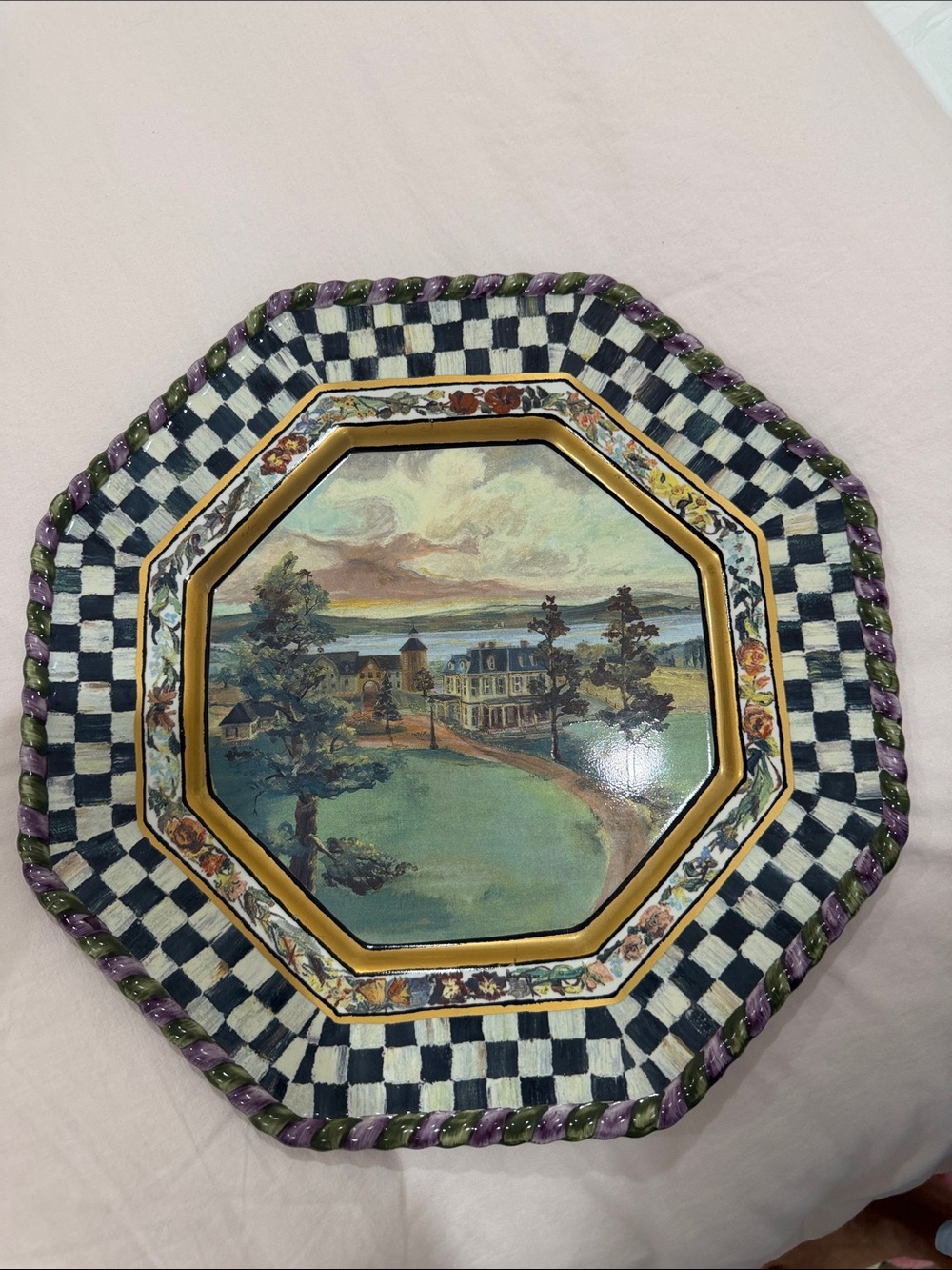 Decorative Octagonal Scenic Serving Platter in Black and White